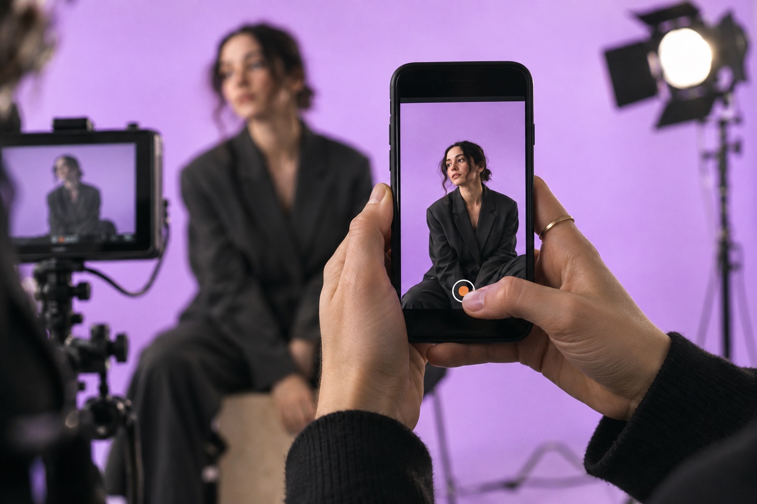 A creator being filmed on a smartphone against a lilac studio backdrop